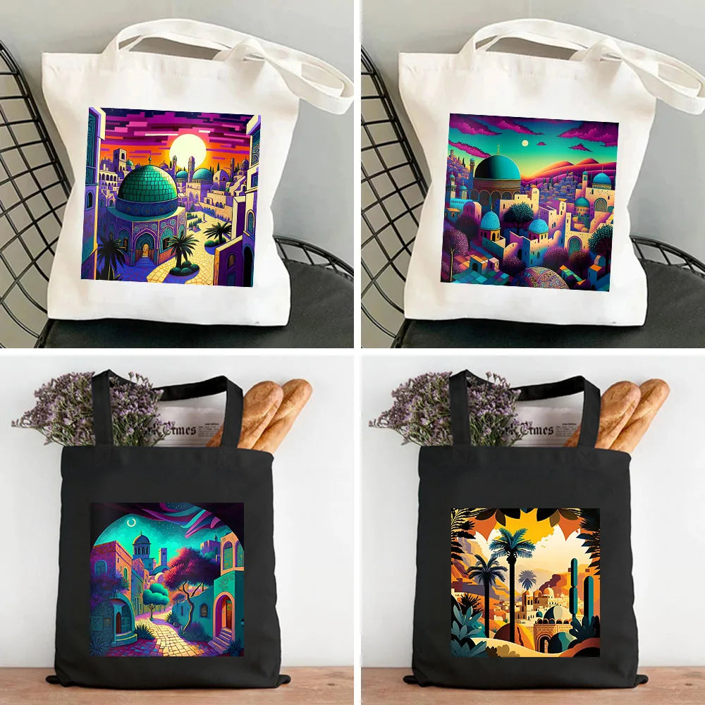 Homeland Jerusalem Flag Map Al Aqsa Mosque Women Canvas Tote Bags