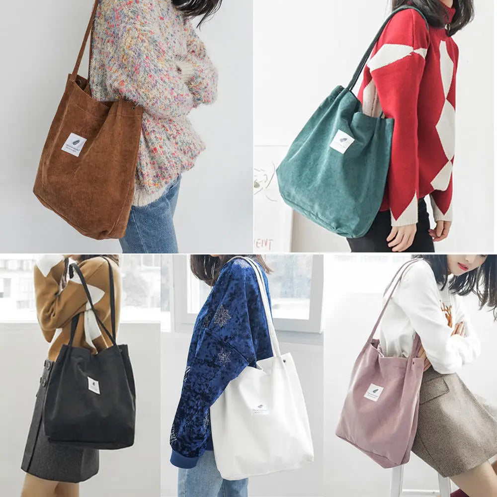 Corduroy Women School Shoulder Tote Canvas Bags