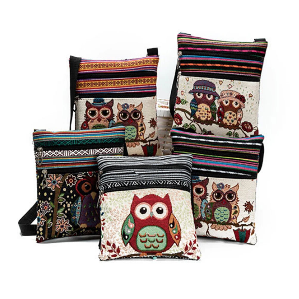 Canvas Owl Print Mini Flap Shoulder Handbag Double Zipper Women Messenger Bag
