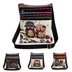 Canvas Owl Print Mini Flap Shoulder Handbag Double Zipper Women Messenger Bag