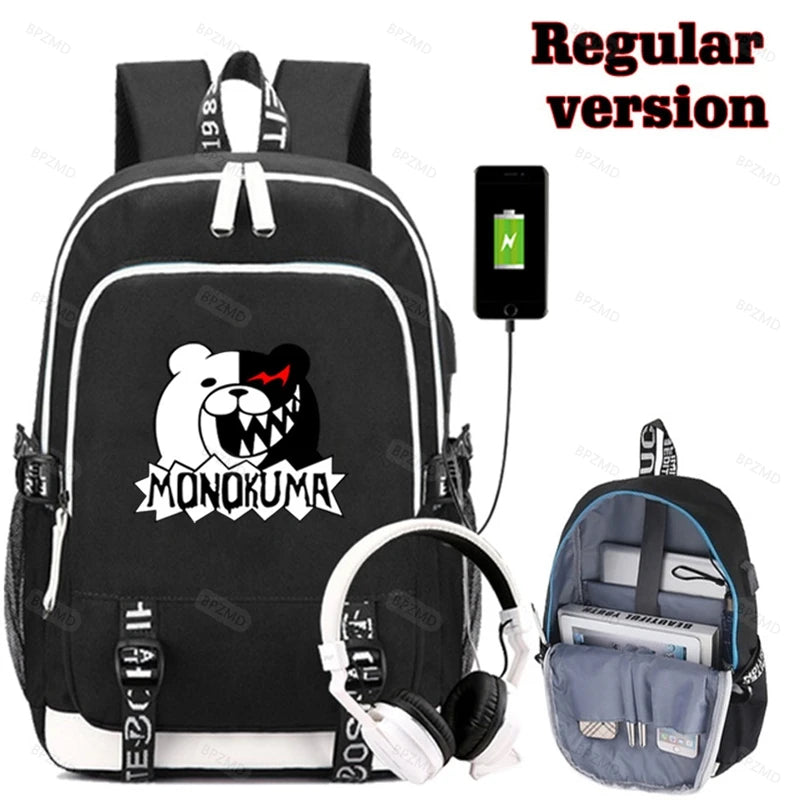 Danganronpa Monokuma Backpack USB School Bag Men Women Travel Rucksack