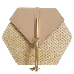 Hot Hexagon Straw+PU Chain Messenger Bags Women Summer Rattan Woven Beach Boho B
