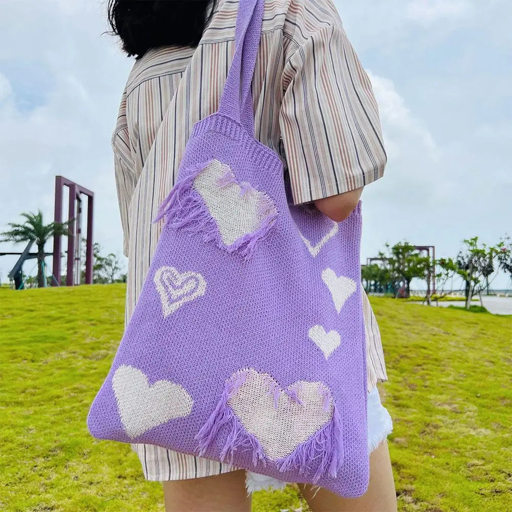 Heart Print Knitting Handbags Crochet Hobo Bag Totes for Women