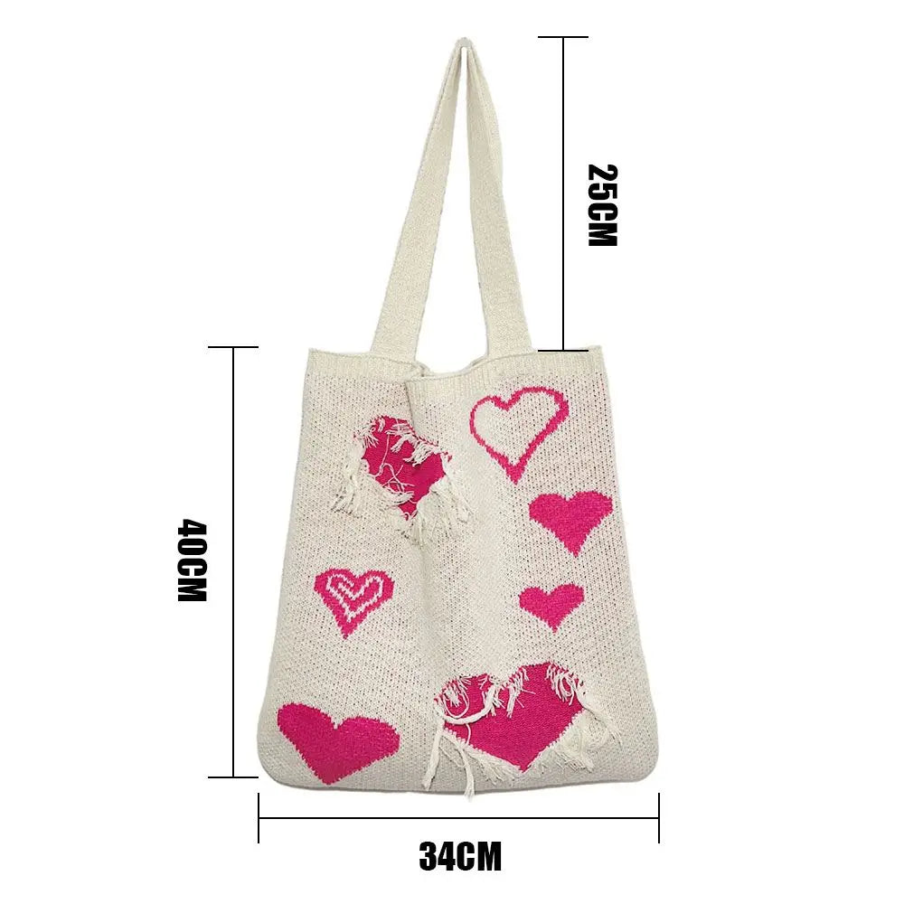 Heart Print Knitting Handbags Crochet Hobo Bag Totes for Women