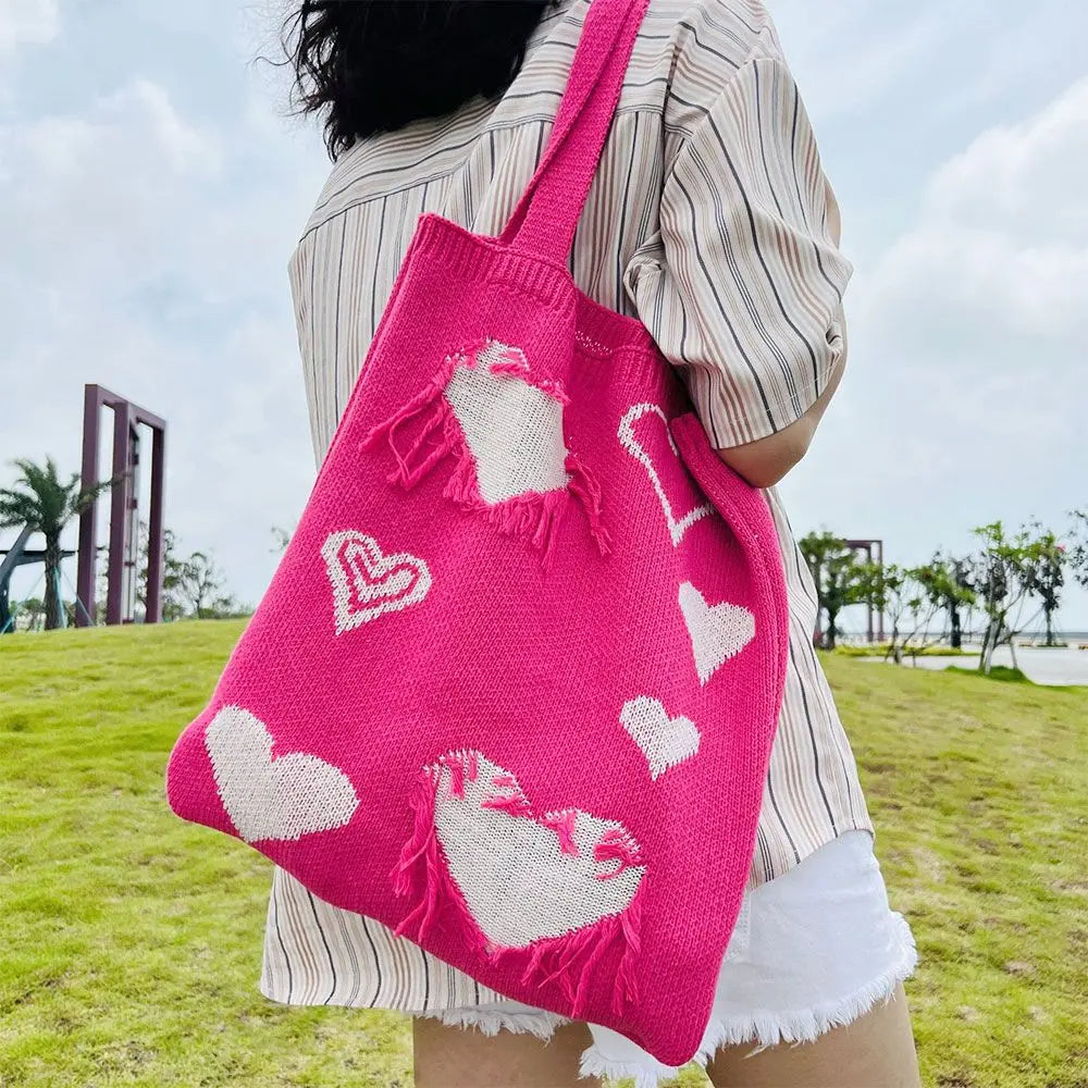 Heart Print Knitting Handbags Crochet Hobo Bag Totes for Women