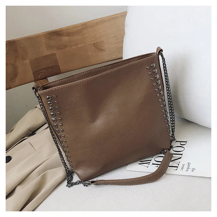 Women's Large Leather Shoulder Bag Metal Chain Crossbody Messenger Black/Khaki