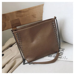 Women's Large Leather Shoulder Bag Metal Chain Crossbody Messenger Black/Khaki