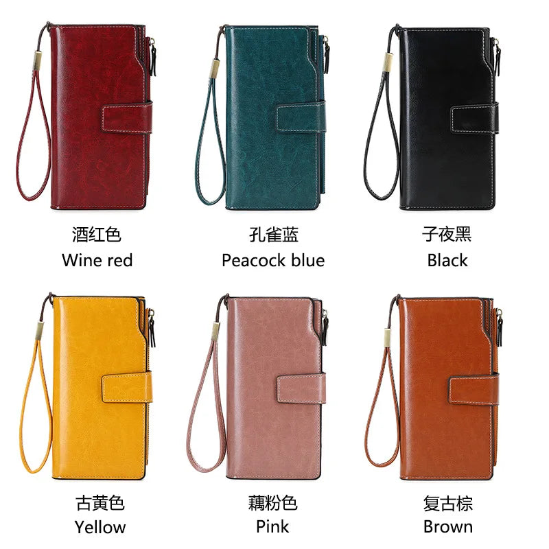 Oil Wax Leather RFID Wallet Long Capacity Clutch
