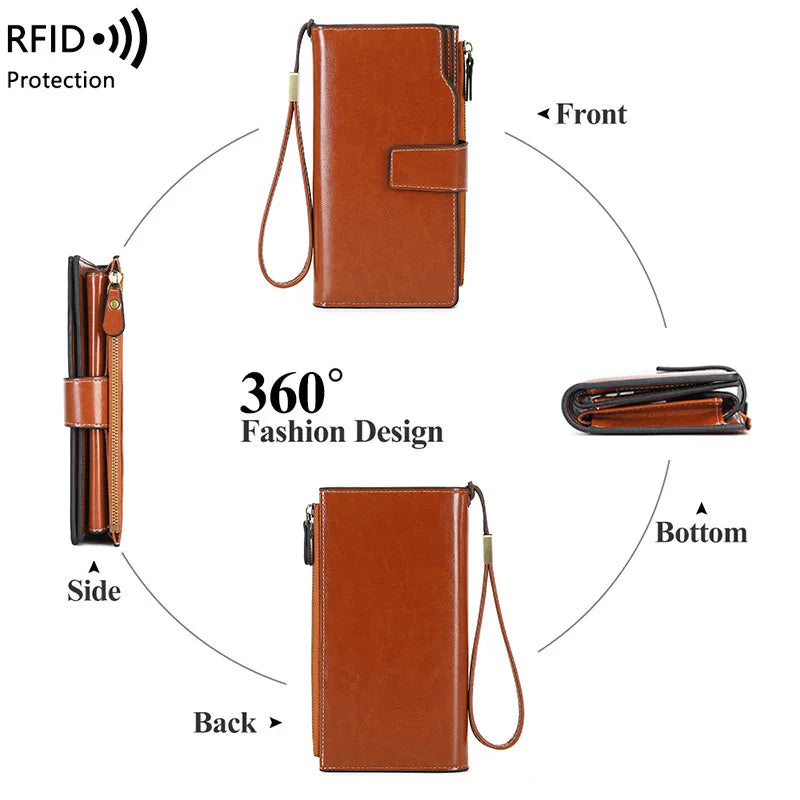 Oil Wax Leather RFID Wallet Long Capacity Clutch