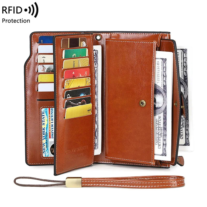 Oil Wax Leather RFID Wallet Long Capacity Clutch