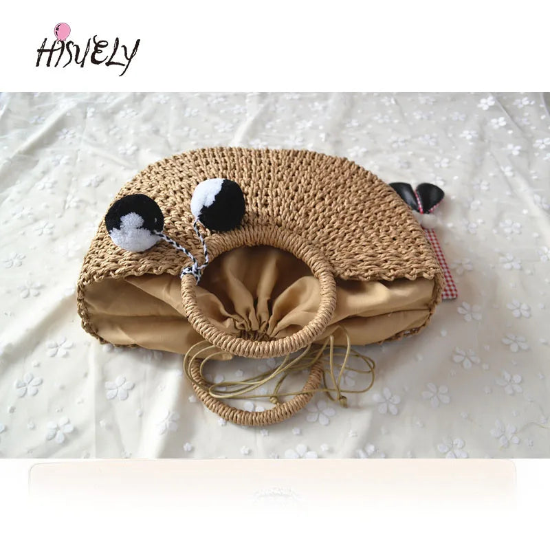 Hot Summer Handmade Pompon Weaving Straw Bag Tassels Moon shaped Beach Bag