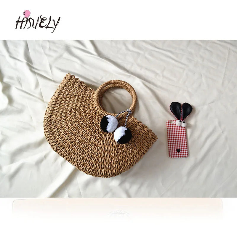 Hot Summer Handmade Pompon Weaving Straw Bag Tassels Moon shaped Beach Bag