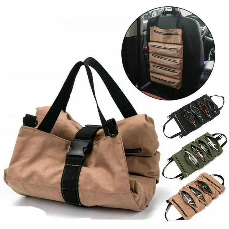 Canvas Roll Up Tools Pouch Wrench Organizer Car Back Seat Storage Bags