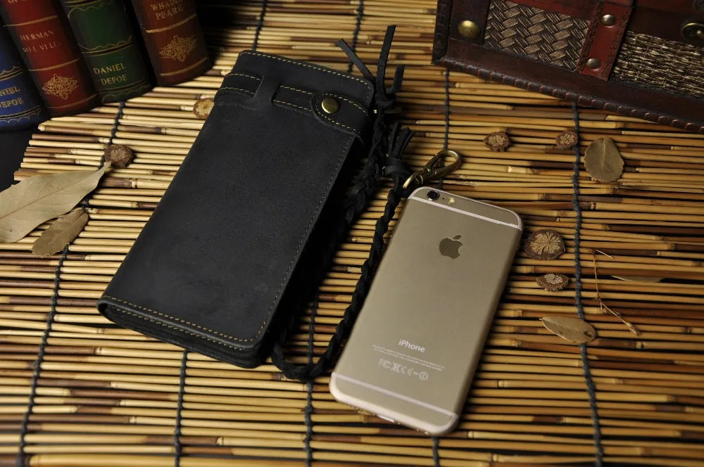 Hot Crazy Horse Leather Chain Wallet Purse Clutch For Men