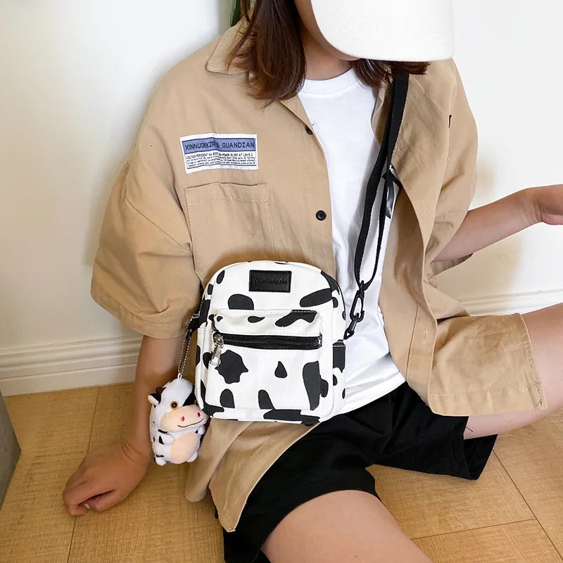 Cow Print Canvas Crossbody Bag Women's Shoulder Bag Mobile Phone Purse