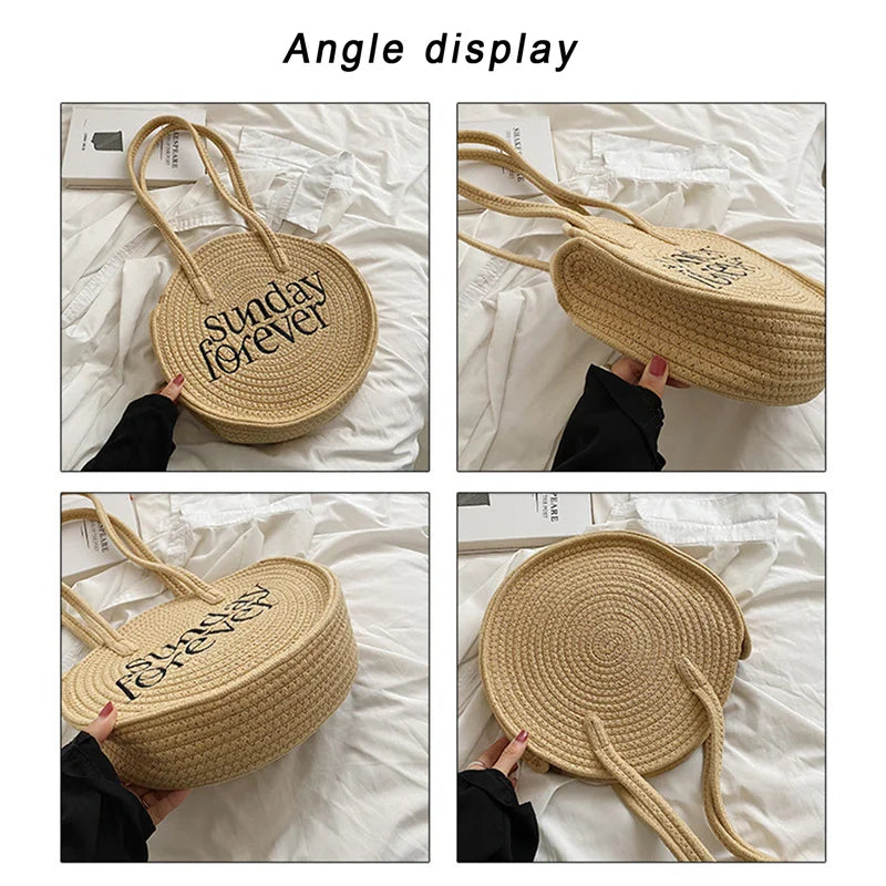 Round Straw Bag Bohemian Embroider Shoulder Beach Vacation Tote Handbag