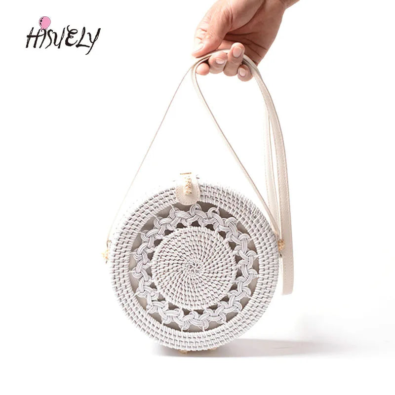 Boho Round Rattan Crossbody Bag Straw Woven Circle Shoulder Handbag