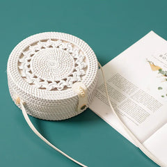 Boho Round Rattan Crossbody Bag Straw Woven Circle Shoulder Handbag