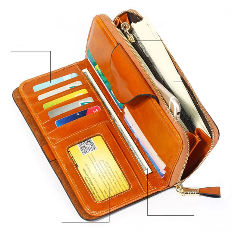 Women Leather Wallets Zipper Oil Wax Leather Long Female Wallet
