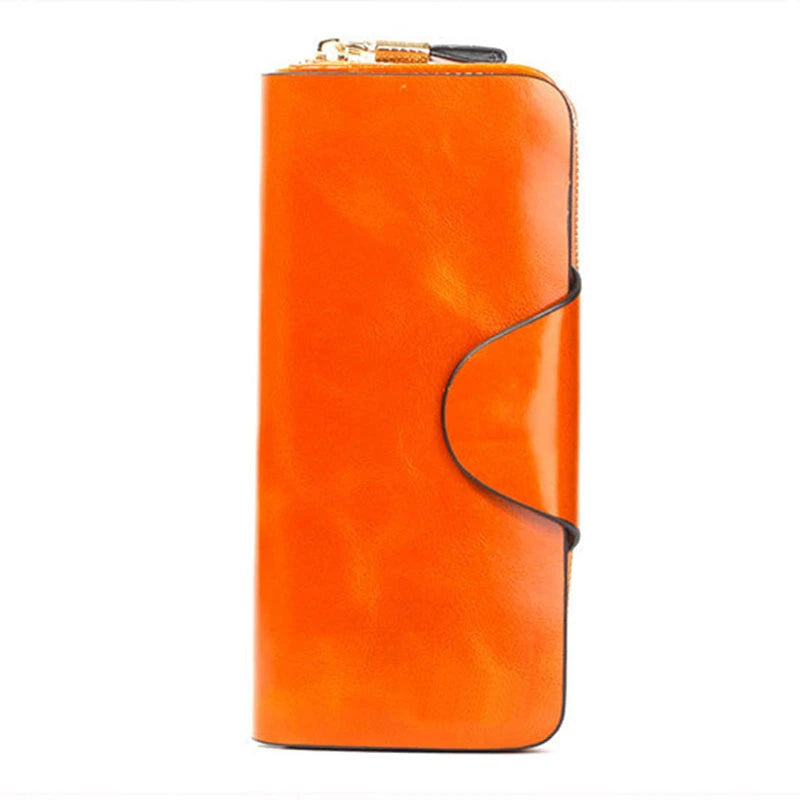 Women Leather Wallets Zipper Oil Wax Leather Long Female Wallet