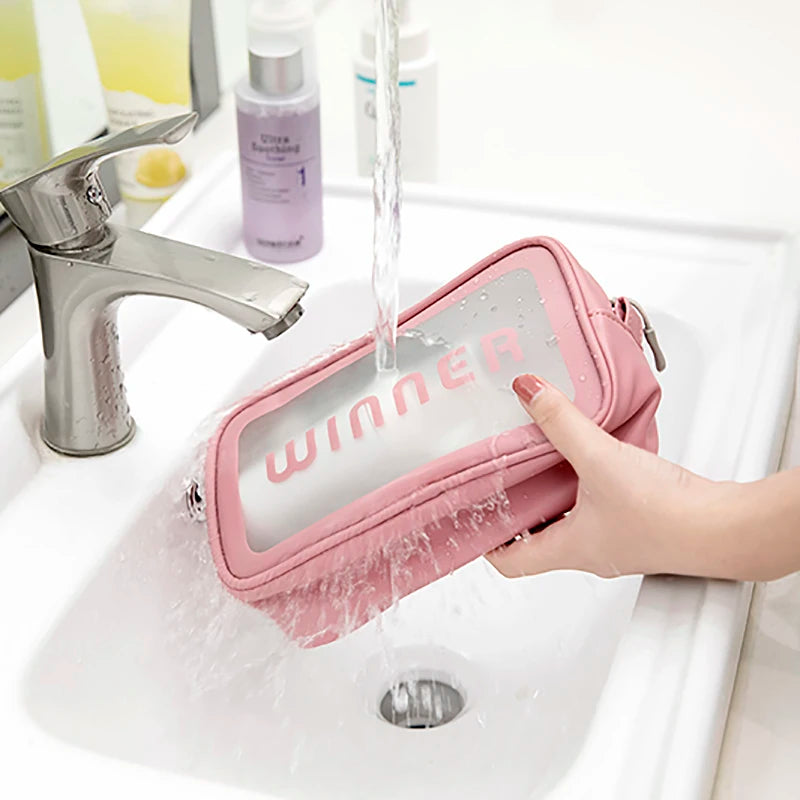 Pink Transparent Makeup Bag Travel PU Clear Cosmetic Bag for Women