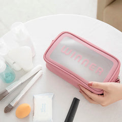 Pink Transparent Makeup Bag Travel PU Clear Cosmetic Bag for Women