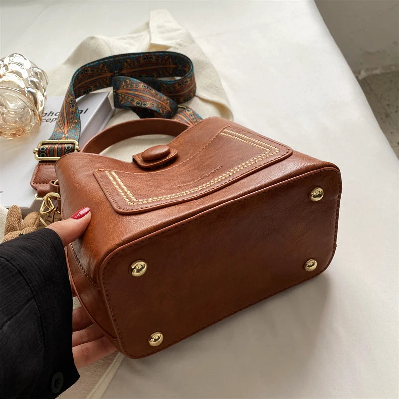 Vintage Small PU Leather Bucket Crossbody Bag for Women Lady Handbag