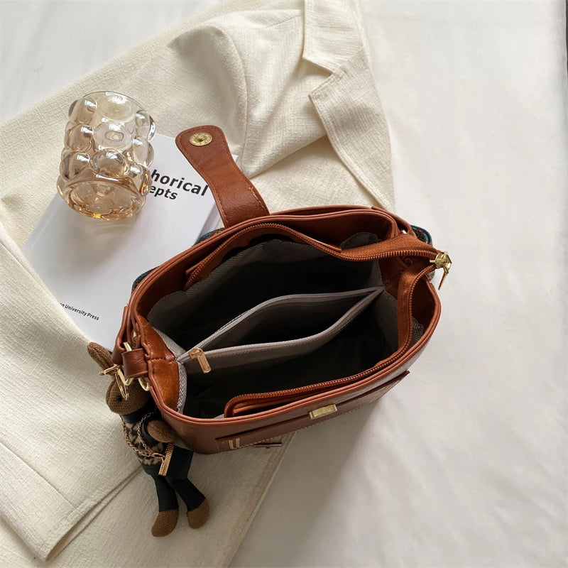 Vintage Small PU Leather Bucket Crossbody Bag for Women Lady Handbag