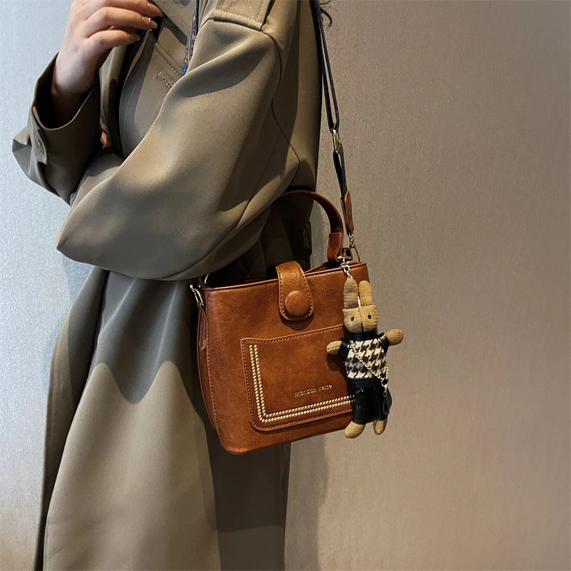 Vintage Small PU Leather Bucket Crossbody Bag for Women Lady Handbag