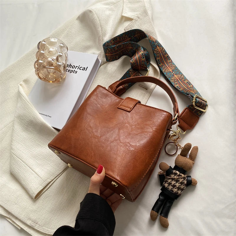 Vintage Small PU Leather Bucket Crossbody Bag for Women Lady Handbag