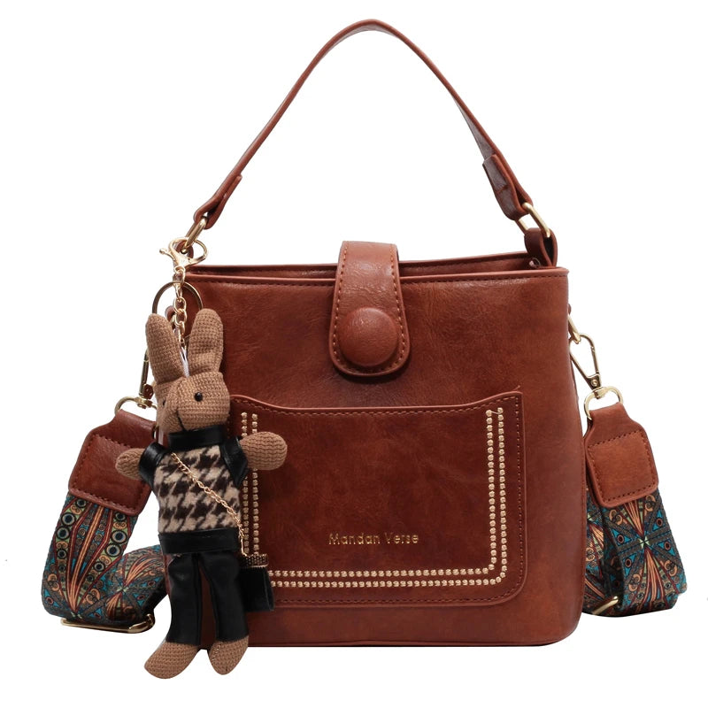 Vintage Small PU Leather Bucket Crossbody Bag for Women Lady Handbag