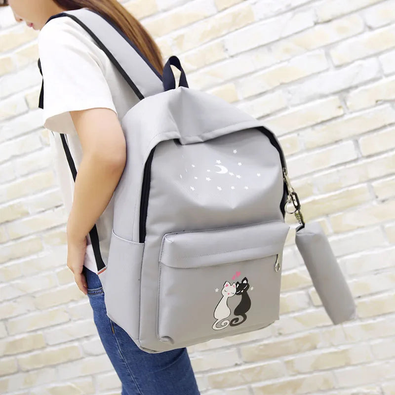 Teen Cat Print Backpack Set Unisex School Bags Pencil Case