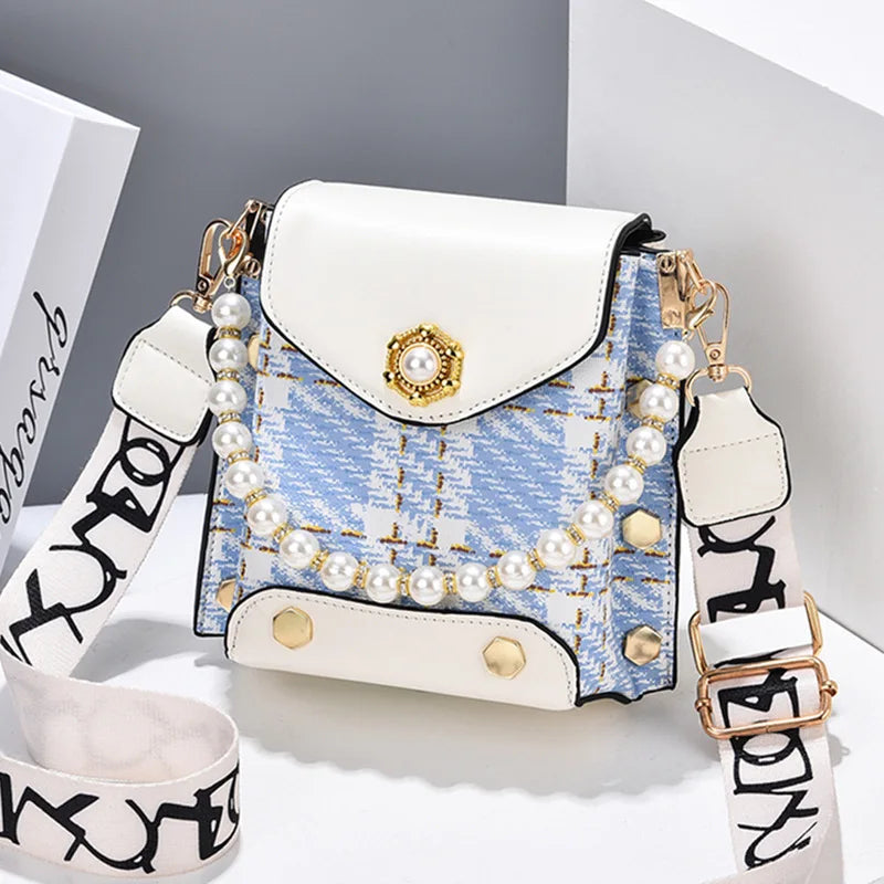 Riveted One Shoulder Crossbody Bag Women Pearl Chain
