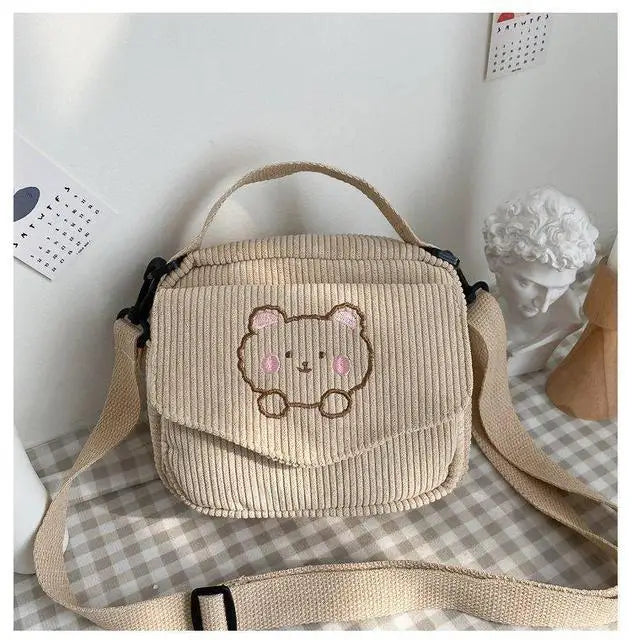 Preppy Style Canvas Zipper Bag Small Corduroy Satchel Travel Purse