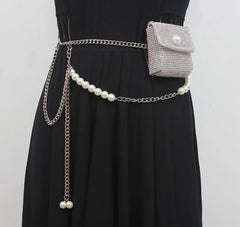 Chic Mini Rhinestone Waist Pack with Pearl Chain for Women