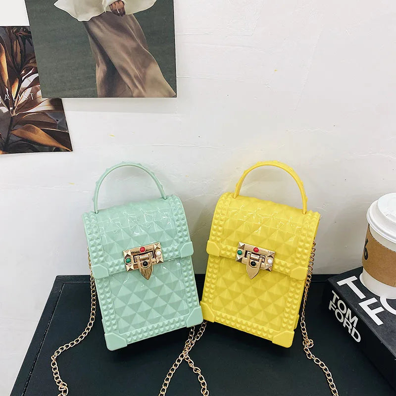 Plaid PVC Mini Phone Bag Red Pink Chain Crossbody Shoulder Bag Women