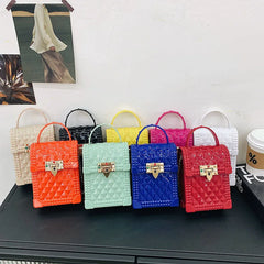 Plaid PVC Mini Phone Bag Red Pink Chain Crossbody Shoulder Bag Women