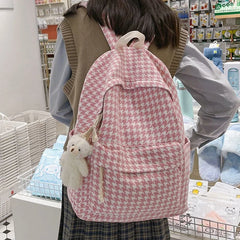 Houndstooth Canvas Backpack Women Student Sweet Large Capacity Harajuku Bag