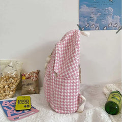 Houndstooth Canvas Backpack Large Capacity Harajuku Bag Preppy Style