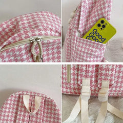 Houndstooth Canvas Backpack Women Student Sweet Large Capacity Harajuku Bag
