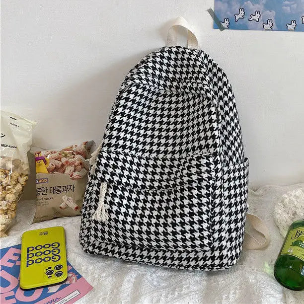 Houndstooth Canvas Backpack Large Capacity Harajuku Bag Preppy Style