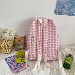 Houndstooth Canvas Backpack Large Capacity Harajuku Bag Preppy Style