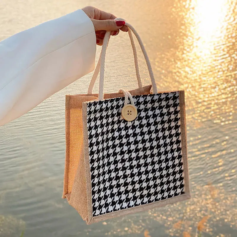 Houndstooth Lunch Bags Linen Ins Large Capacity Food Storage Tote Bag