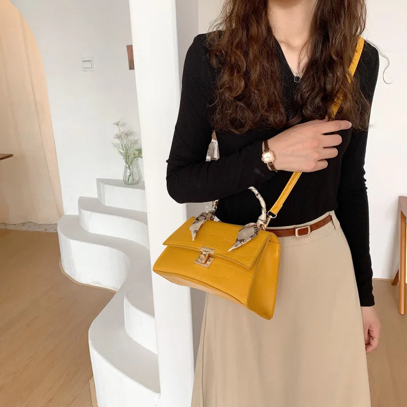 Crocodile Pattern Leather Shoulder Bag Small Square Orange Handbag