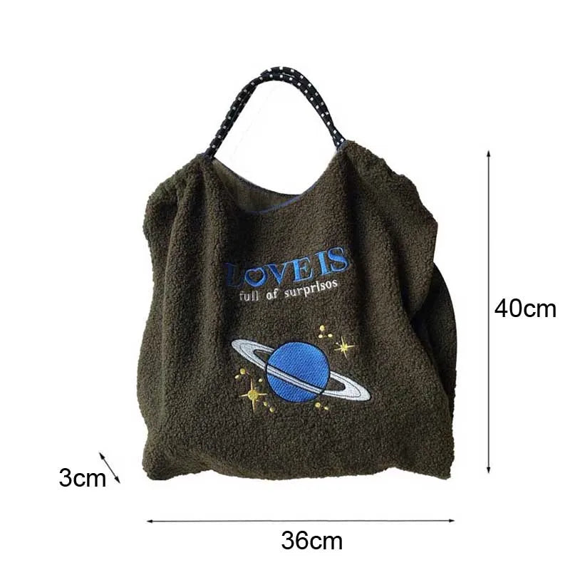 Embroidery Lamb Wool Tote Bag Shoulder Bags Drawstring Handbag