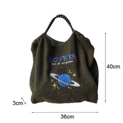 Embroidery Lamb Wool Tote Bag Shoulder Bags Drawstring Handbag