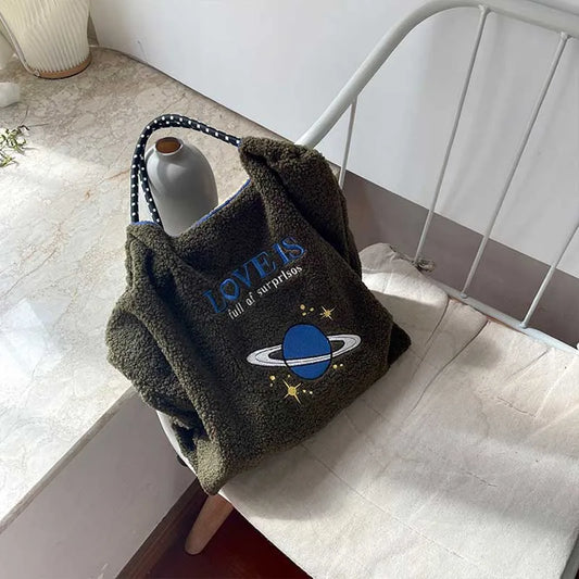 Embroidery Lamb Wool Tote Bag Shoulder Bags Drawstring Handbag