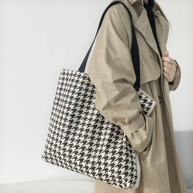 Houndstooth Print Canvas Tote Shoulder Bag Large Capacity Handbag