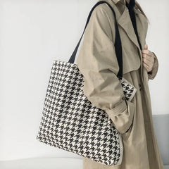 Houndstooth Print Canvas Tote Shoulder Bag Large Capacity Handbag