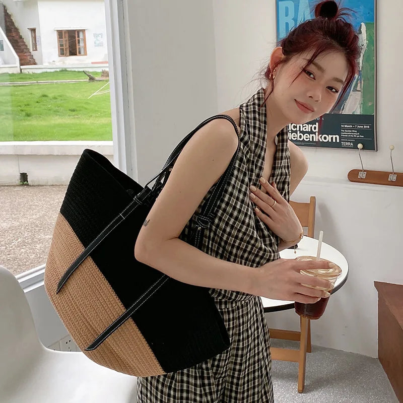 Rattan Woven Shoulder Bag Large Capacity Women Summer Travel Beach Bucket Bags